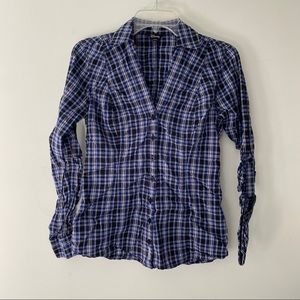 Guess Womens Button Down Shirt Sz Medium M Black Blue Silver Long Sleeve